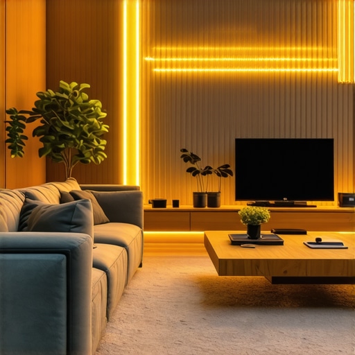Personalized smart lighting in a cozy living room A cozy living room illuminated with customizable smart lighting and LED strips