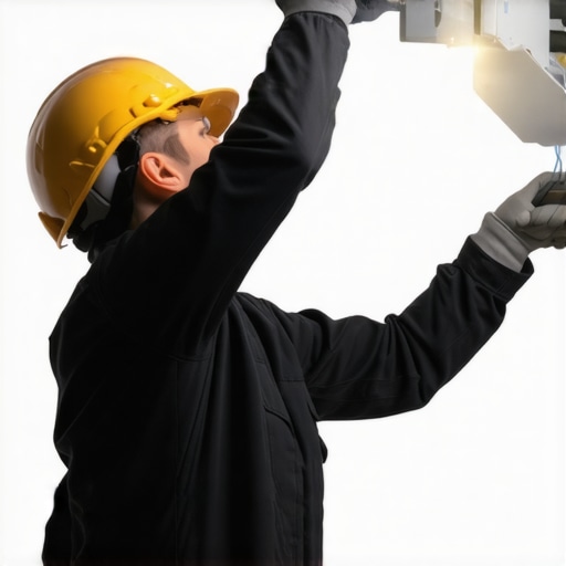 Osoba instalira stropni luster s alatima i sigurnosnom opremom