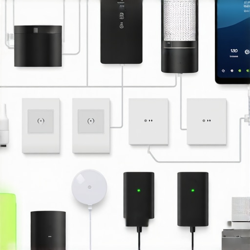 Diagram showing interconnected smart lighting sensors and controllers in a contemporary interior.