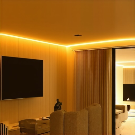 Interior view of a modern living room with smart LED lighting and ambient effects