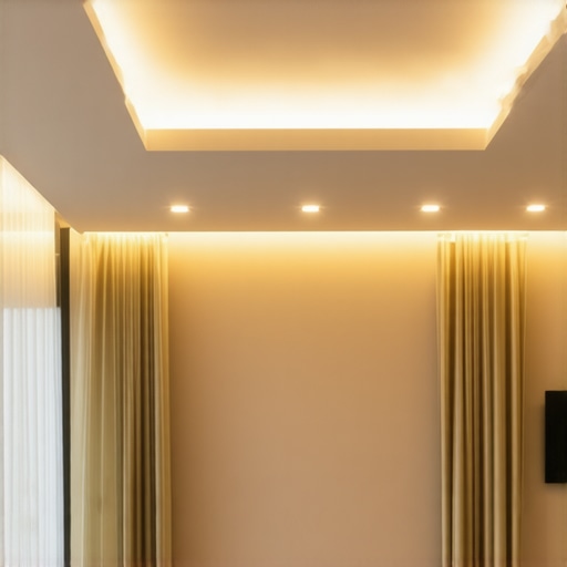 Stylish modern living room with LED lighting Modern living room with LED ceiling lights and stylish decor