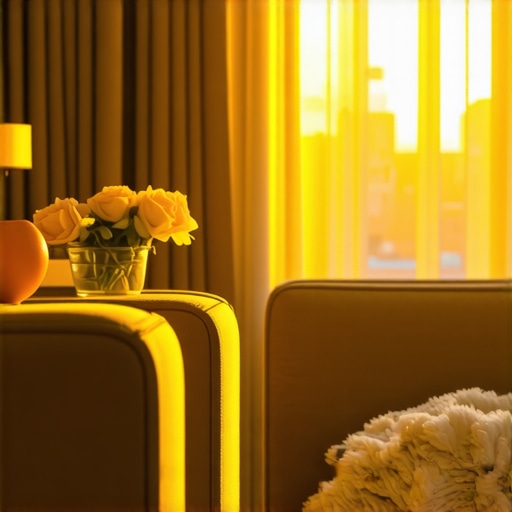 Cozy living room illuminated with warm yellow light promoting relaxation
