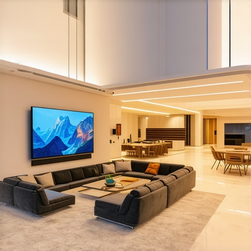 Advanced Smart Lighting System in Modern Home Futuristic living room with customizable smart lighting, dimmable LEDs, and ambient control panels.