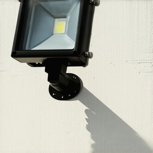 High-powered outdoor floodlight illuminating a garden at night.