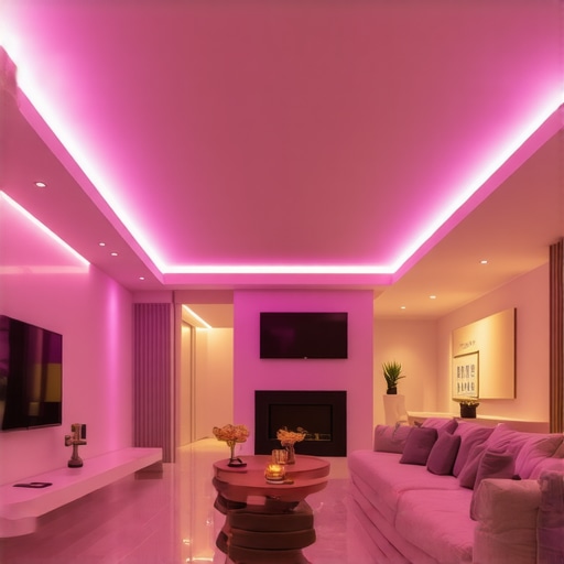 Colorful LED Light Installation in Living Room Living room illuminated with colorful LED strips creating a cozy and vibrant atmosphere