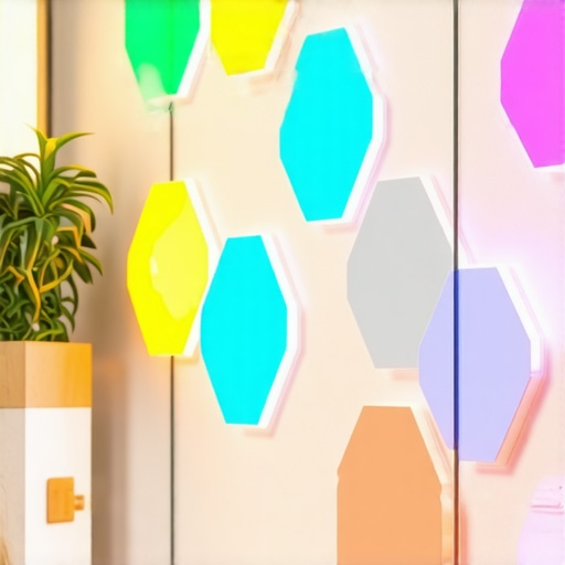 Colorful modular Nanoleaf Hexagons lighting panels on a wall.