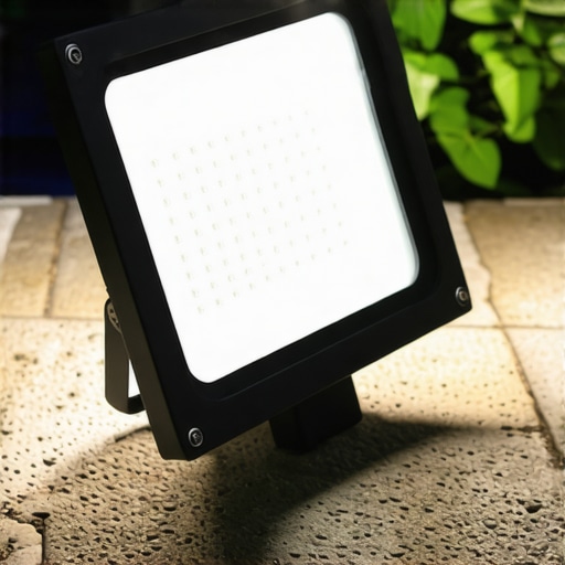 EGLO Mogano LED reflektor u akciji LED reflektor osvjetljava dvorište noću, prikaz snage i jednostavnosti instalacije