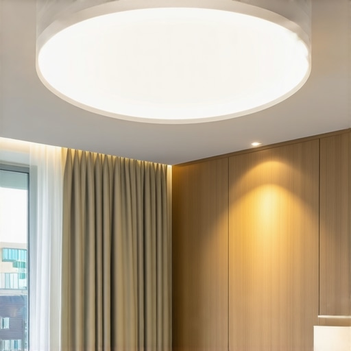 A sleek, modern smart LED light fixture illuminating a stylish living room