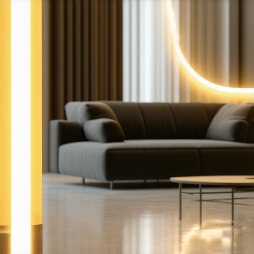 Elegant LED podna lampa arc in living room Stylish modern LED arc floor lamp illuminating a cozy living room.