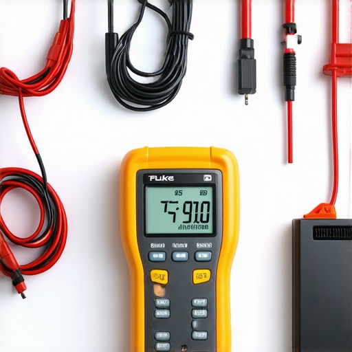 Professional electrician using Fluke T5-600 tester to measure electrical parameters
