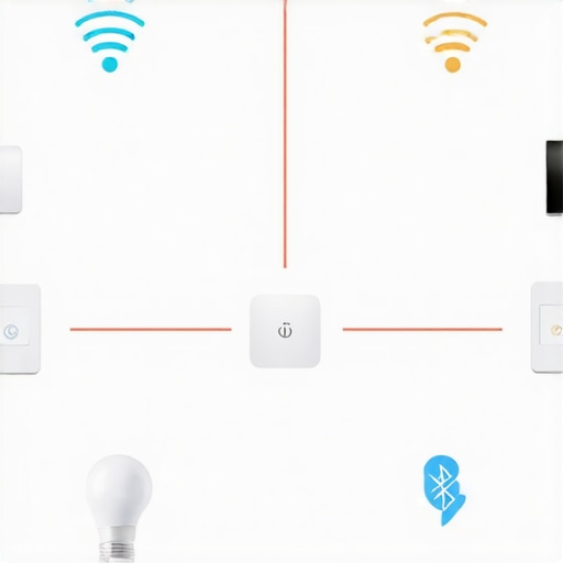 Grafički prikaz različitih bežičnih protokola (Wi-Fi, Zigbee, Bluetooth) i njihove povezanosti s pametnim žaruljama, prekidačima i hubovima, naglašavajući važnost kompatibilnosti u pametnom domu.
