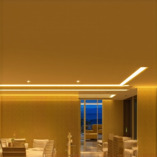 Recessed LED lights installed in ceiling providing warm ambient lighting in a modern living room.