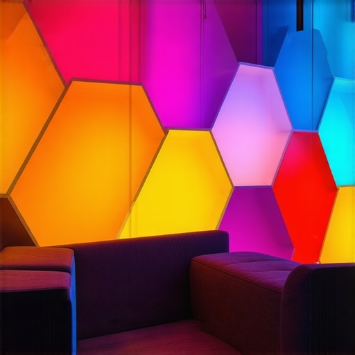 Colorful modular LED wall panels creating artistic lighting in modern interior.