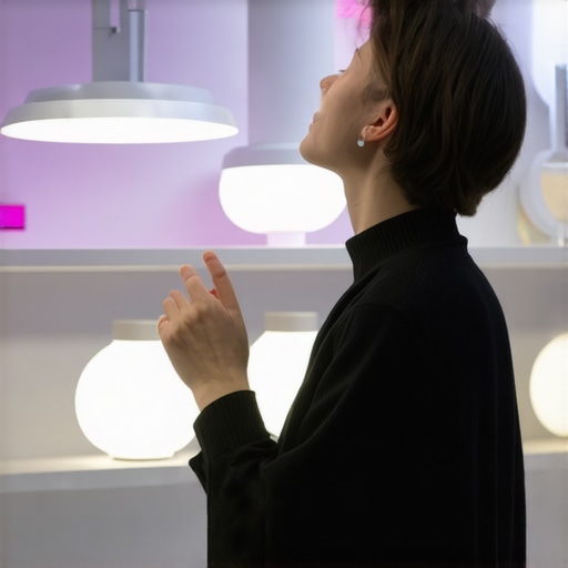 Odabir rasvjete u trgovini Osoba koja uspoređuje moderne LED rasvjetne uređaje u trgovini, blizu, s živopisnim bojama