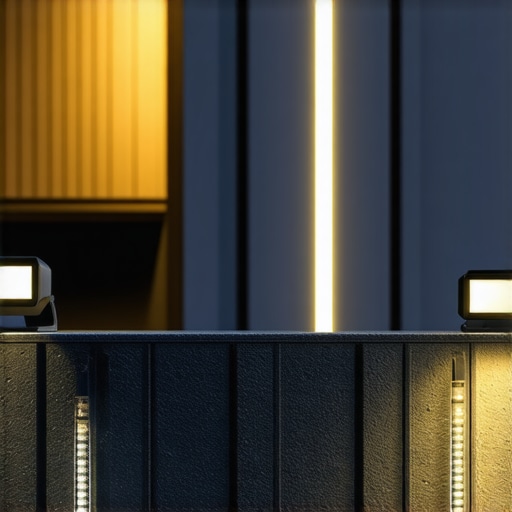 Outdoor lighting setup with floodlight and smart LED strip in a stylish garden at dusk