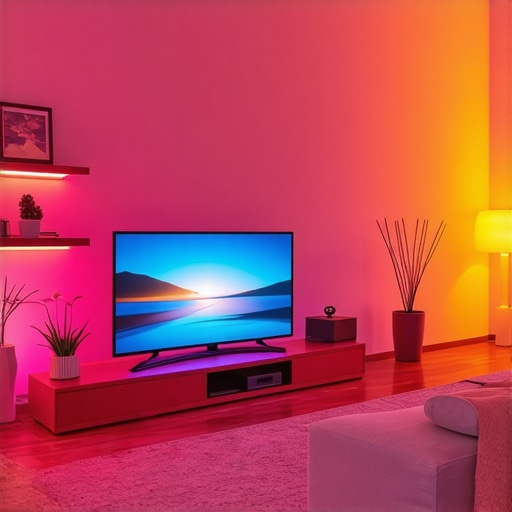 Slika prikazuje živopisnu TP-Link Tapo L920-5 Smart WiFi LED traku koja stvara ugodan ambijent u modernoj dnevnoj sobi.