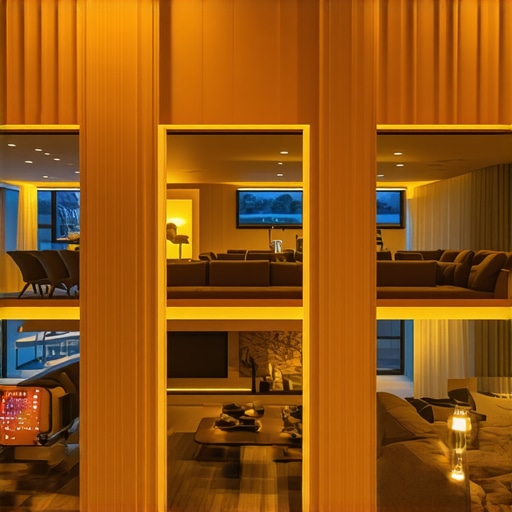 Slika modernog dnevnog boravka s inteligentnom rasvjetom koja mijenja boju i intenzitet, stvarajući različite atmosfere.