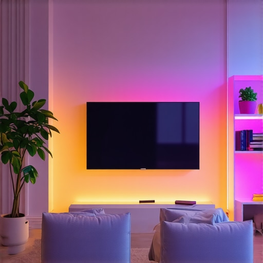 Philips Hue Gradient Lightstrip in Modern Living Room Modern living room with Philips Hue Gradient Lightstrip showcasing colorful lighting.