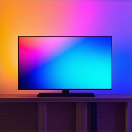 Philips Hue Gradient Lightstrip in modern home theater Elegant Philips Hue Gradient Lightstrip creating colorful ambiance behind a TV
