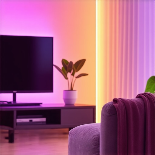 Dynamic and colorful lighting from a Philips Hue Lightstrip Plus, enhancing a modern living room setting.