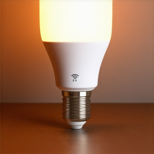 Smart LED bulb with colorful lighting in a contemporary living room.