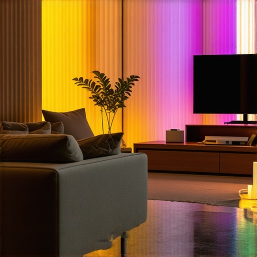 A living room bathed in the colorful, adaptable glow of Philips Hue smart bulbs, demonstrating premium smart lighting capabilities.