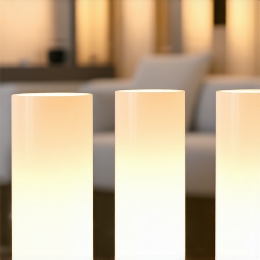 Modern living room with Philips Hue smart lighting controlled via app.