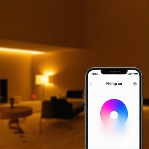 Moderni dnevni boravak obasjan pametnim Philips Hue ugradbenim svjetlima u toplim i akcentnim bojama, uz aplikaciju na pametnom telefonu za kontrolu.