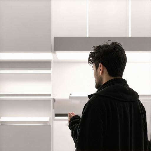 Procjena kvalitete LED plafonjere Osoba uspoređuje LED plafonjere u trgovini, fokus na materijalima i funkcijama