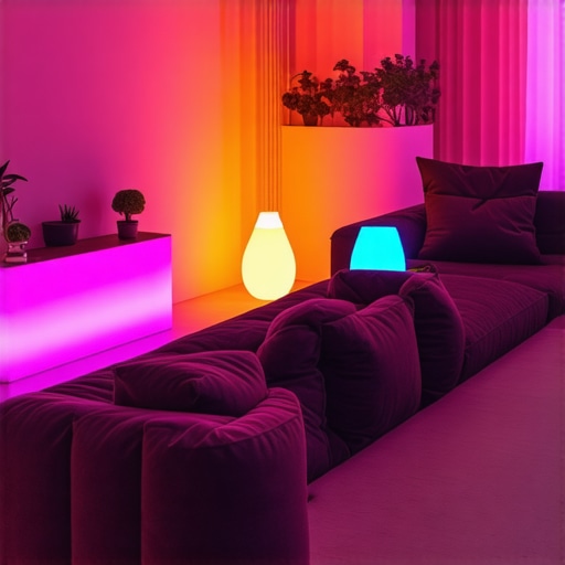 Living room with colorful smart bulbs from Nanoleaf and LIFX