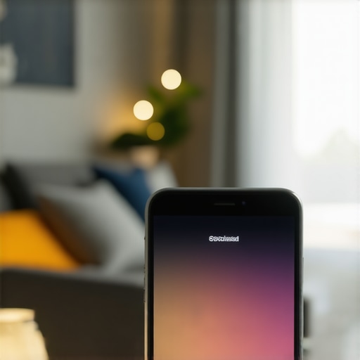 Modern living room with smart lighting control via smartphone and voice