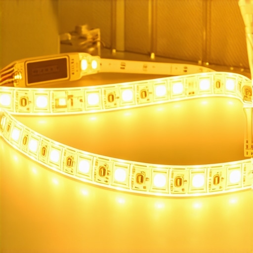 Smart RGB LED Strip Detail Close-up of a smart RGB LED strip with remote control and durable build