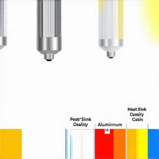 Ilustracija presjeka LED sijalice koja prikazuje važnost kvalitetnih materijala za kućište i učinkovitog hladnjaka za dugotrajnost i rasipanje topline, naglašavajući razliku između dobrih i loših dizajna.