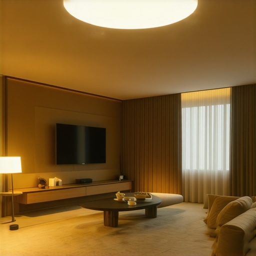 Xiaomi Mi Smart Ceiling Light mounted on a ceiling in a contemporary living room, casting a warm glow, highlighting the room's minimalist design and comfortable atmosphere. The light is the central feature, demonstrating its premium aesthetic and smart lighting capabilities.